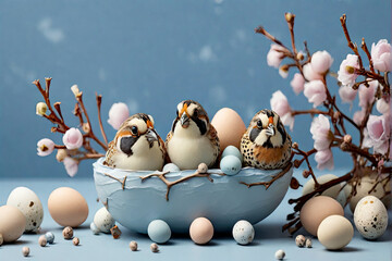 Featuring small quail eggs with birds, tree flowering, river, delicate branches, set against a Background. Generative AI
