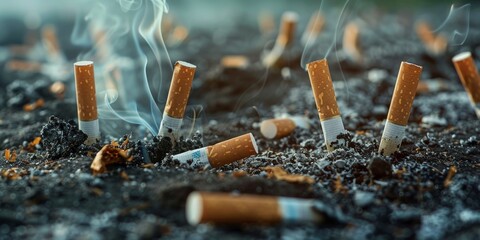 A pile of cigarette butts on the ground. The butts are scattered and some are still lit. Concept of carelessness and disregard for the environment