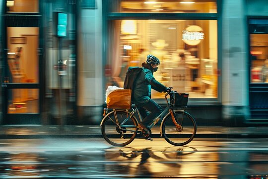Man on bicycle rides down wet city street at night, water splashing from tires