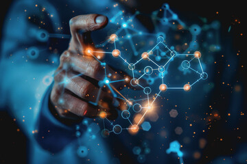 Doctor-scientist hands touch virtual molecular structures in a science lab.