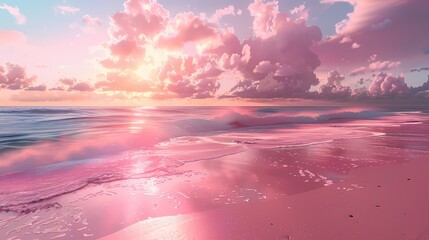 Digital pink beach sea illustration poster background - obrazy, fototapety, plakaty
