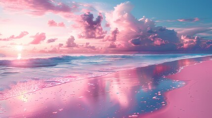 Digital pink beach sea illustration poster background