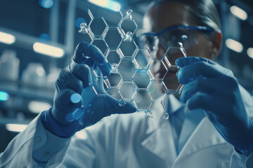 Doctor-scientist hands touch virtual molecular structures in a science lab.