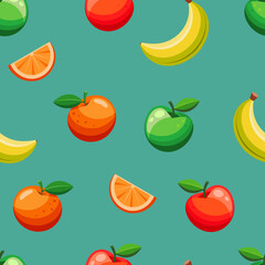 Vibrant seamless pattern of colorful fruits on a green backdrop