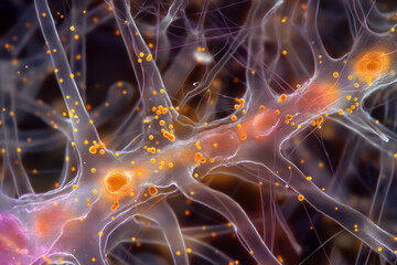 Close-up of synapses or brain cells in the brain - Dementia or Alzheimer's disease - obrazy, fototapety, plakaty