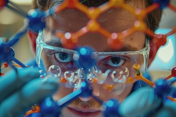 Doctor-scientist hands touch virtual molecular structures in a science lab.