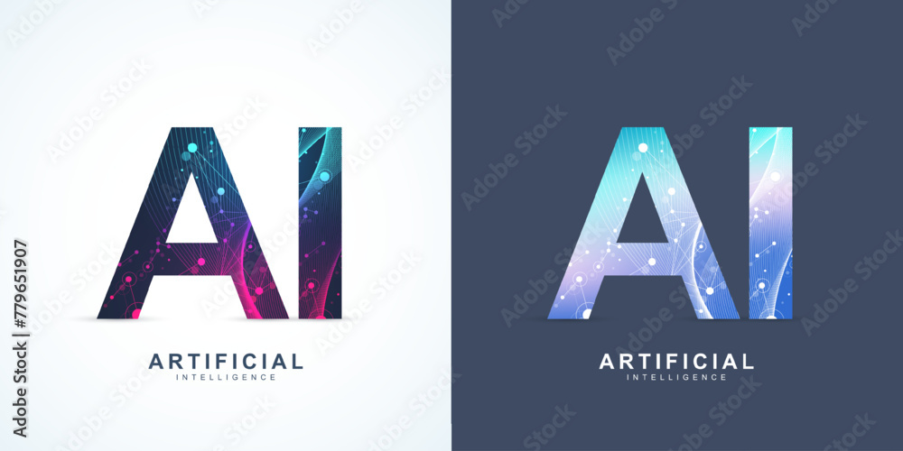 Poster AI Banner Concept In The Digital Style. Generative Ideas Design Element For Internet Technology. Futuristic Technology Concept Artificial Intelligence.