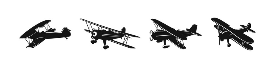 Aeroplane vector silhouette. Vinatge airplane set. Old aircraft illustration.
