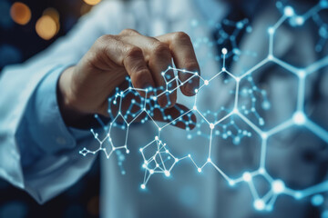 Doctor-scientist hands touch virtual molecular structures in a science lab.