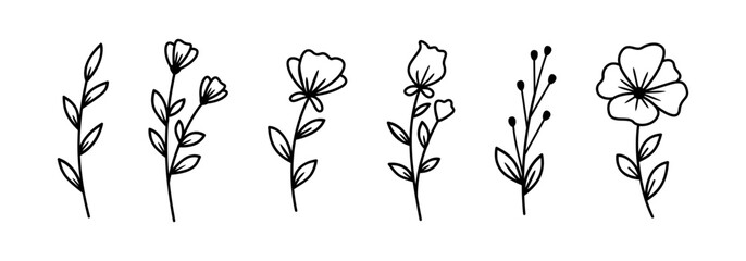 Flowers and twigs with leaves vector cartoon style. Floral decoration set. Flower and twig collection.