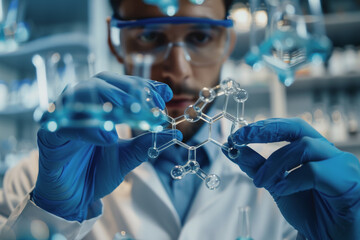 Doctor-scientist hands touch virtual molecular structures in a science lab.