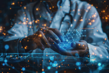 Doctor-scientist hands touch virtual molecular structures in a science lab.