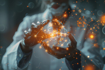 Doctor-scientist hands touch virtual molecular structures in a science lab.