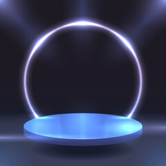 A dark podium for product advertising with a neon circle on the background