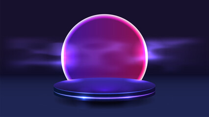 Product advertising podium with a glowing neon circle on the background