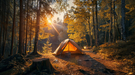 Quiet morning in nature with camping tent