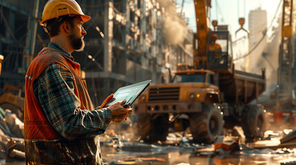  Construction Site Supervisor with Tablet Amidst Urban Development - obrazy, fototapety, plakaty