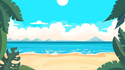 Cartoon beach landscape with tropical plants overlooking the ocean