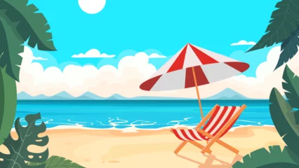 Poster Cartoon tropical landscape with sun lounger overlooking the ocean © Dmitry 