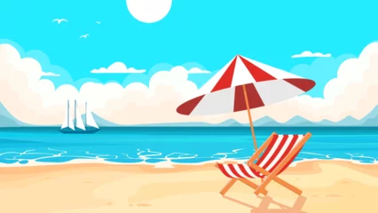 Foto op Canvas Cartoon beach landscape with a chaise longue and an umbrella on the background of the ocean © Dmitry 