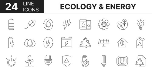 collection of 24 ecology & energy line icons featuring editable strokes. These outline icons depict various modes of ecology & energy, sustainable, battery, ray, line,