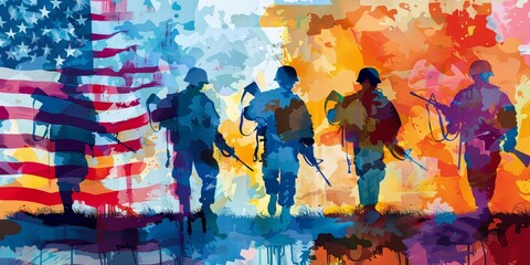 A group of soldiers are shown in a painting of the American flag. The soldiers are in various positions, with some standing and others kneeling. The painting has a patriotic and somber mood