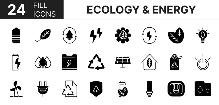 Collection of 24 ecology & energy fill icons featuring editable strokes. These outline icons depict various modes of ecology & energy, sustainable, battery, ray, line,