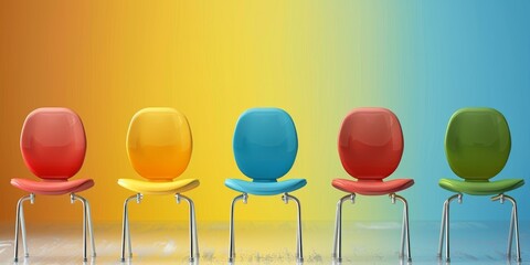 A row of colorful chairs are lined up against a yellow and blue wall. The chairs are of different colors, including red, green, and yellow. Concept of creativity and diversity
