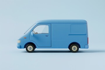 Blue van parked on blue surface with wheels, tires, mirrors, and hood visible,delivery concept