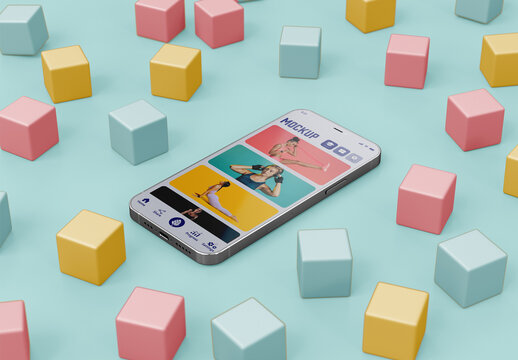Scene with Mobile and Colorful Cubes Mockup