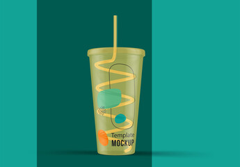 Plastic Cup with Straw Mockup - obrazy, fototapety, plakaty