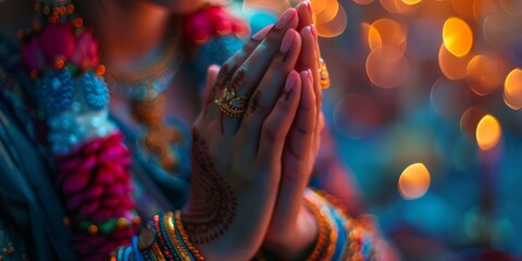A woman is praying with her hands together. She is wearing a blue dress and has a gold ring on her finger - obrazy, fototapety, plakaty