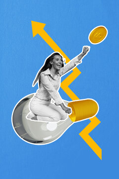 Vertical image collage of happy cheer girl sit light bulb arrow up success forward superwoman gesture fist isolated on painted background