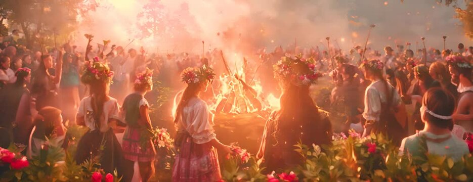 Midsummer festival in Sweden: people gather around bonfires to celebrate the longest day of the year with singing, dancing, and floral crowns. Art illustration. 4K Video