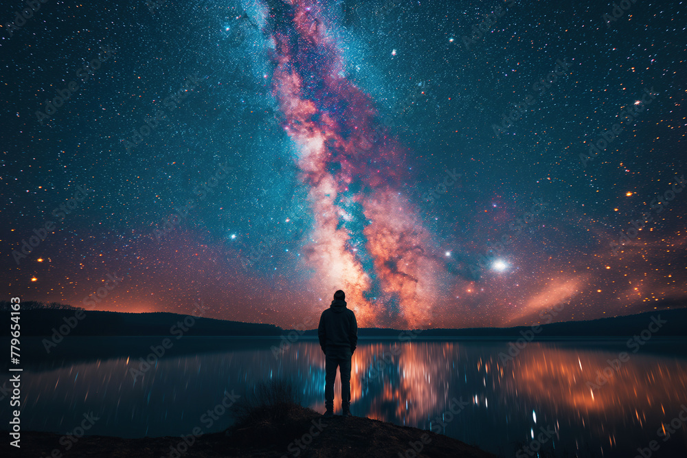 Wall mural silhouette of man standing on shore of a lake on background of starry night sky with a bright milky 