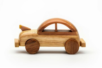 Small wooden toy car on white background with cutout
