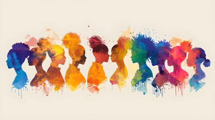 A design banner for minority mental health awareness month featuring colorful silhouettes of minority people, promoting diversity and mental well-being support.