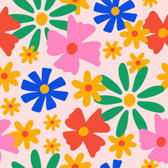 Fototapeta na wymiar Seamless pattern with colorful groovy daisy flowers on a pastel background. Vector illustration. 