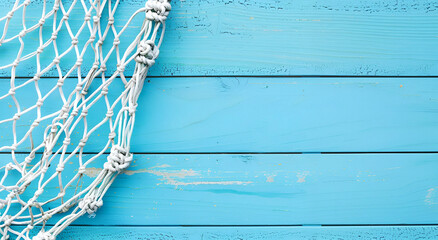 Fishing net on a blue wooden background. Copy space