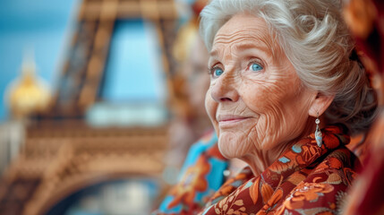 Close-up of an elder woman's face, her eyes filled with memory and the Eiffel Tower in the distance. Reflective Senior Woman with Eiffel Tower in the Background