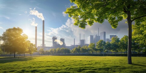 Obraz premium A large industrial plant is next to a lush green field. The sky is cloudy and the sun is shining through the clouds