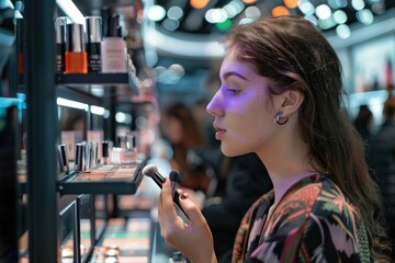Woman browsing makeup products on shelf in cosmetics store with glowing eyes in dark environment - obrazy, fototapety, plakaty