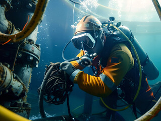 Male underwater construction diver using heavy equipment to install a tidal energy turbine - obrazy, fototapety, plakaty