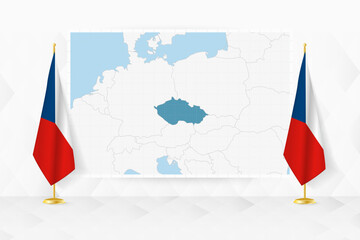 Map of Czech Republic and flags of Czech Republic on flag stand. - obrazy, fototapety, plakaty