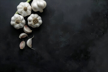 Fototapeta na wymiar Black background with garlic on the left side, copy space