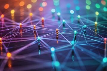 Abstract futuristic wave with colorful lines connecting dots. digital data communication background.