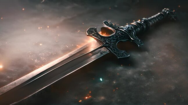 Magical metal sword in the ground with sparks mysterious and magical photo of silver sword with fire flames over Gothic snowy black background Medieval period concept Strong glowing sword fantasy