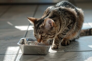 Tabby cat eating wet food on kitchen tiles background enjoying the meal and grooming