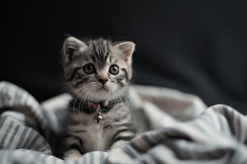 Tabby kitten in collar relaxed on white cloth against black background - Powered by Adobe