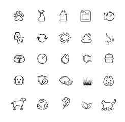 Set icons for urine odor eliminator, remover. The outline icons are well scalable and editable. Contrasting vector elements are good for different backgrounds. EPS10.